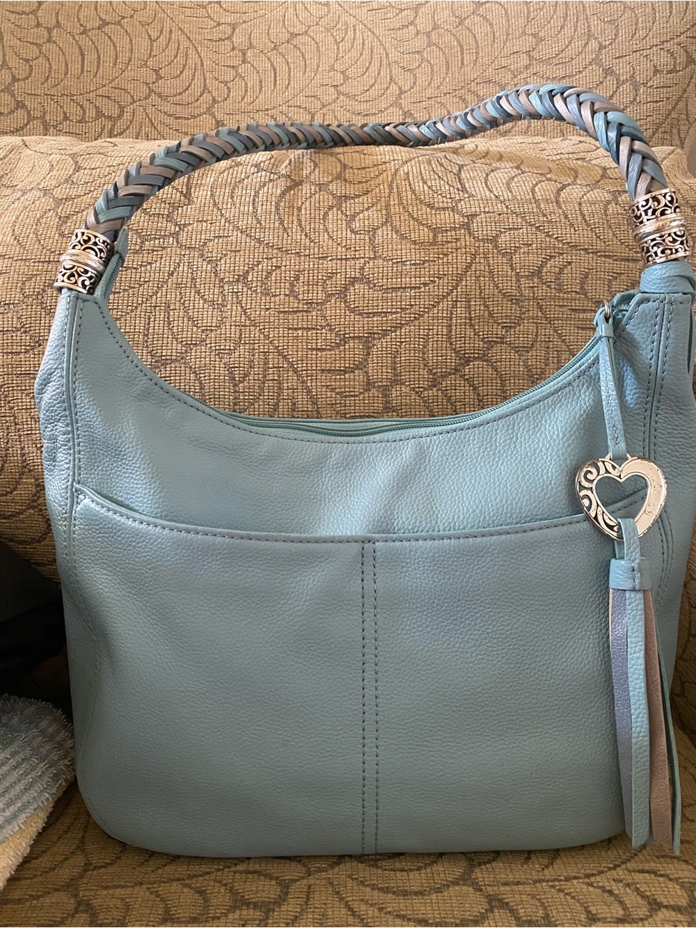 Light Blue Women’s Leather Hobo Bag with Heart Charm
